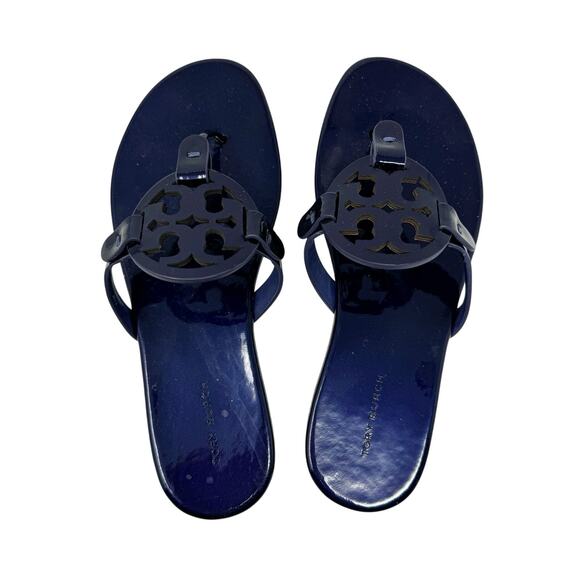 TORY Burch Sea Blue Indigo Navy Patent Leather Soft Miller Logo Sandals Size 7.5 - Picture 5 of 8
